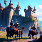 Medieval knights on horseback in front of grand castle with spires under blue sky