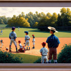 Youth Baseball Game Painting with Players and Spectators in Serene Park