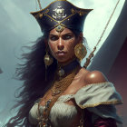 Female Pirate with Golden Skull Hat and Ship Background