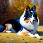 Tricolor Collie Dog in Fall Setting with Golden Trees and Blue Flowers