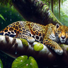 Digital painting: Leopard on tree branch in rainforest with raindrops and hummingbird