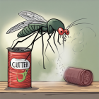 Giant mosquito, insecticide can, brain in jar, tiny fleeing figures.