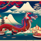 Traditional Asian Dragon in Snow-Capped Mountains and Cherry Blossoms