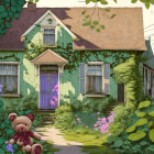 Green Cottage with Overgrown Vegetation and Teddy Bear by Tree