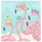 Three Cartoon Flamingos with Stylish Hats on Blue and Sandy Background