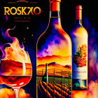 Illustrations of grapes, wine glass, vineyard, and bottles in Rosolio wine ad