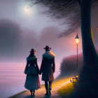 Couple walking hand-in-hand under full moon by flowery field