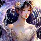 Colorful digital art portrait of a woman with lace and cobweb designs in purple and blue.