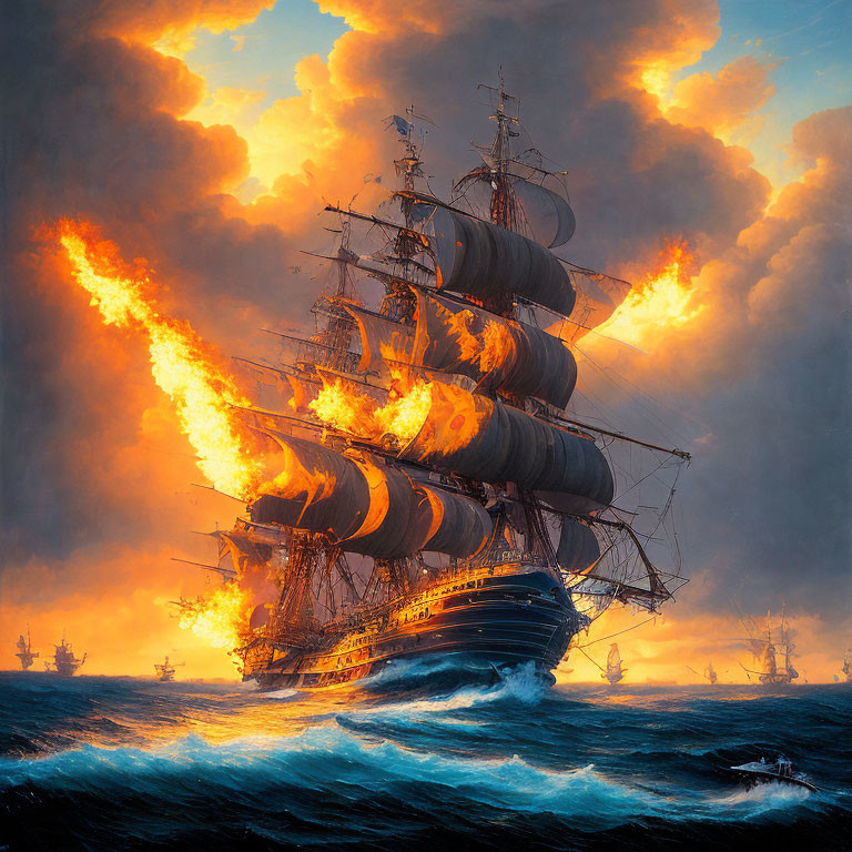 Sailing ship on fire in stormy sea with smaller ships around