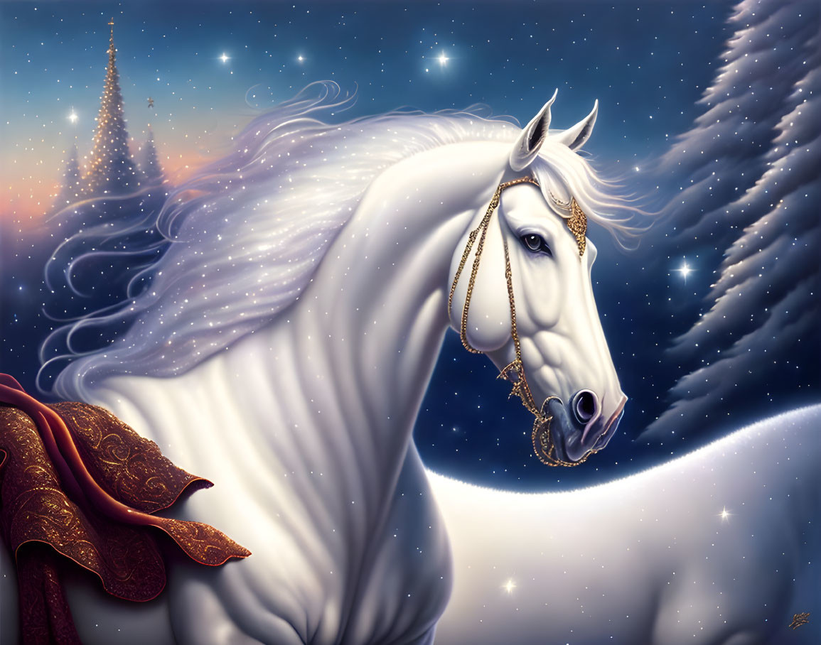 White horse with golden jewelry under starry sky and aurora.