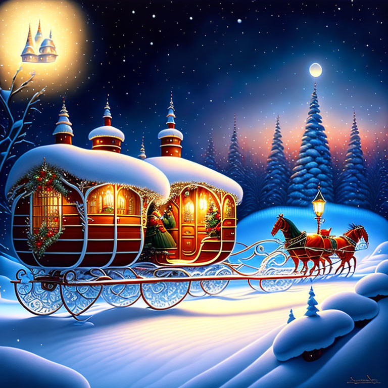 Ornate Christmas-decorated horse-drawn sleigh in snowy night landscape