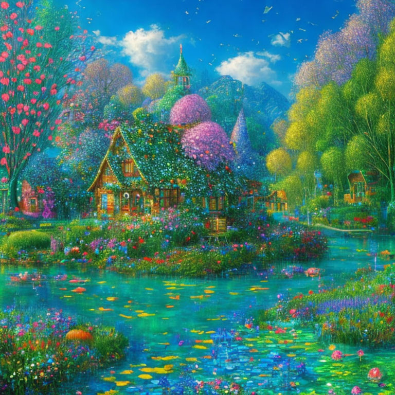 Colorful Flora and Whimsical Cottage in Fantasy Landscape