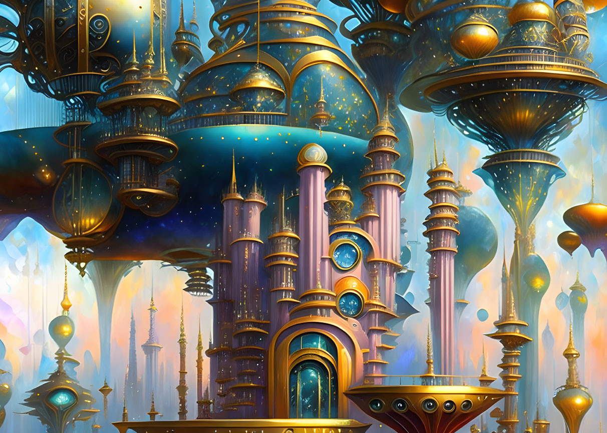 Fantastical cityscape with golden towers and floating structures