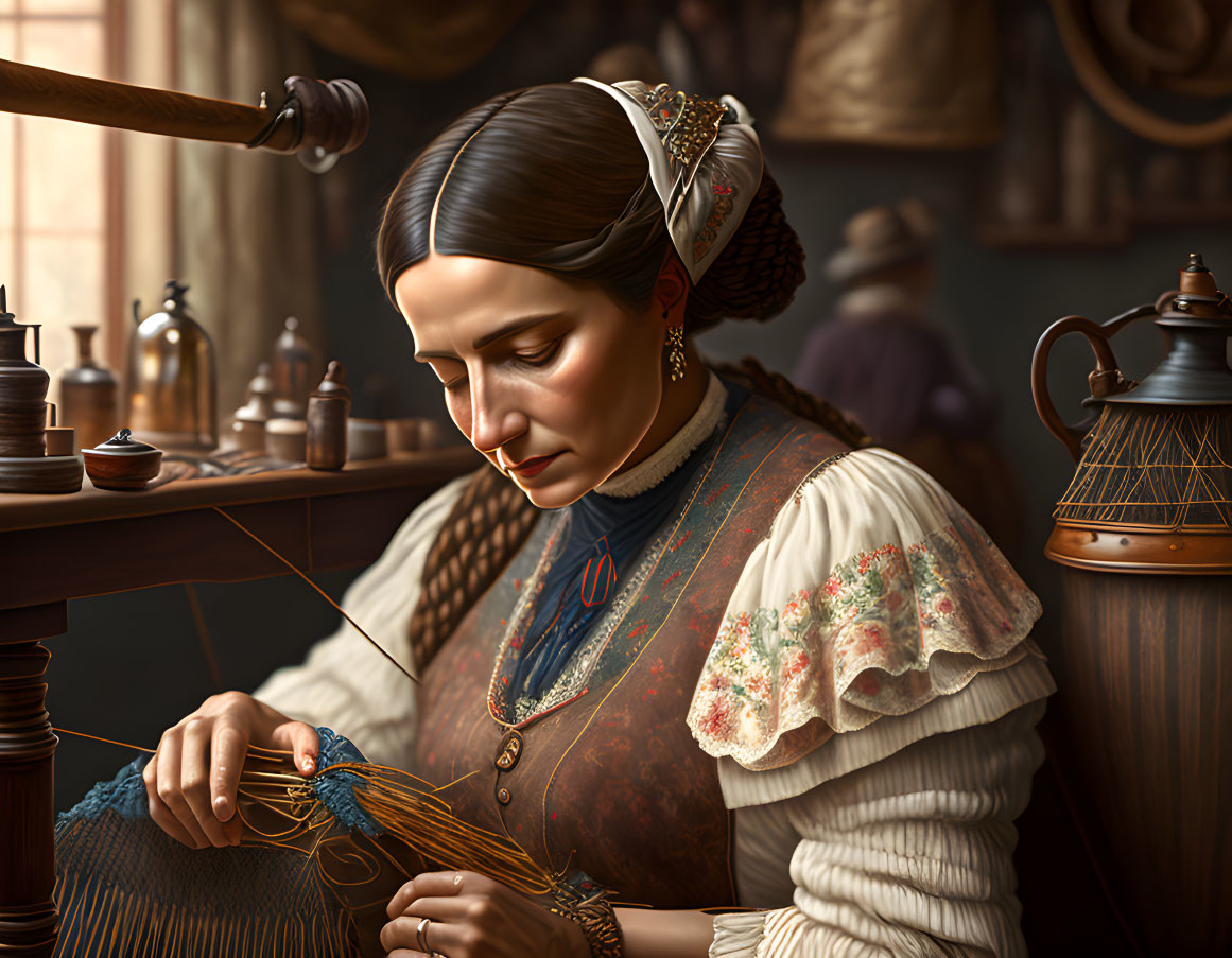 Historical woman focused on lacemaking in vintage room with figure in background