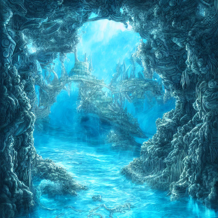 Mystical underwater city with rocky arches and coral buildings