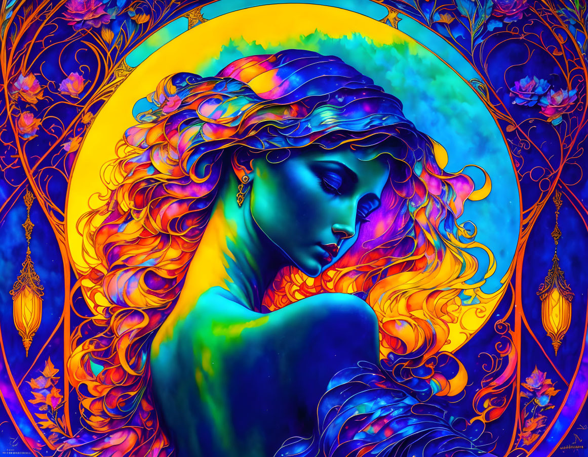 Colorful Woman Portrait in Blue, Purple, and Orange Palette