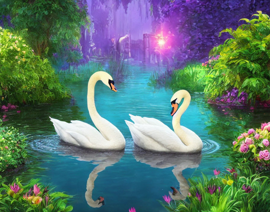 Swans on serene lake with lush flora and purple backdrop