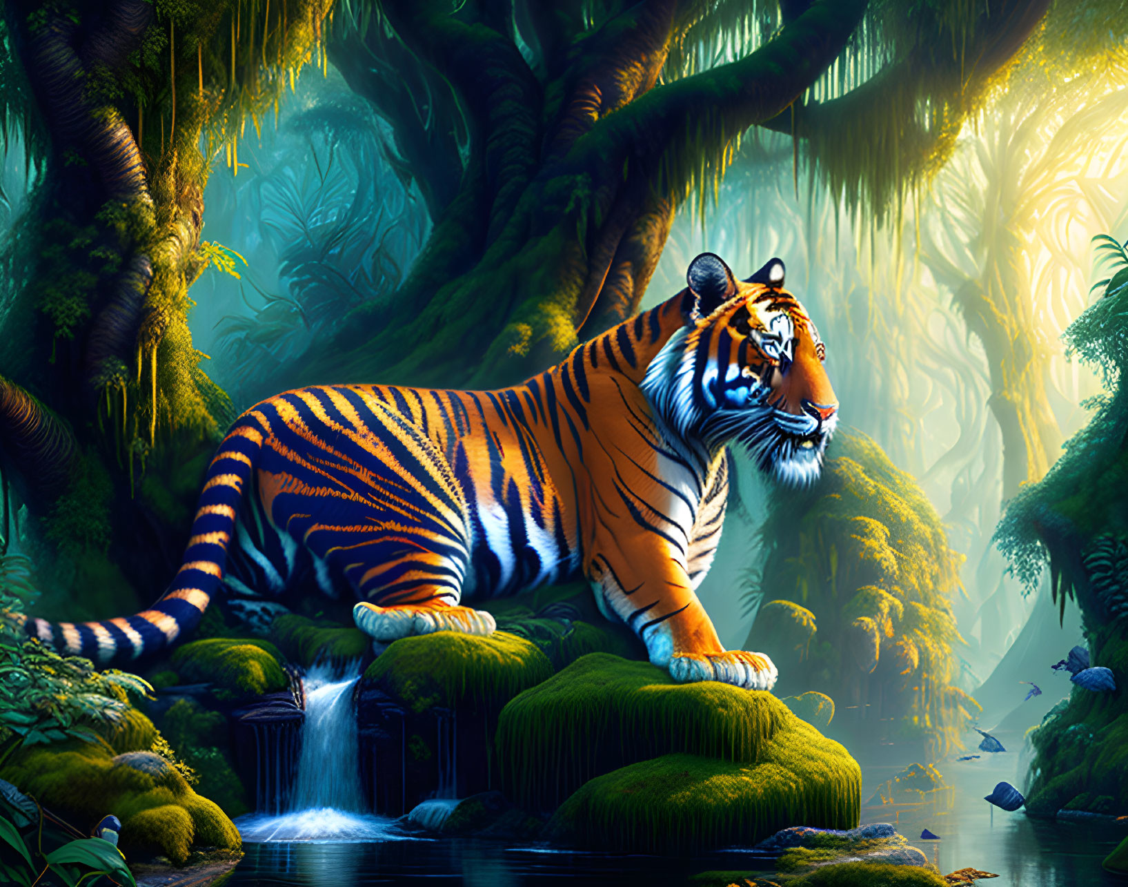 Majestic tiger in vibrant jungle with waterfall