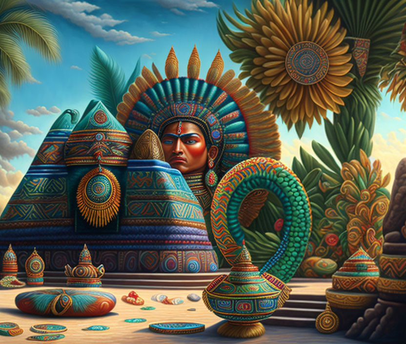 Colorful Aztec-inspired illustration with figure, pyramid, snake, and pottery in lush setting