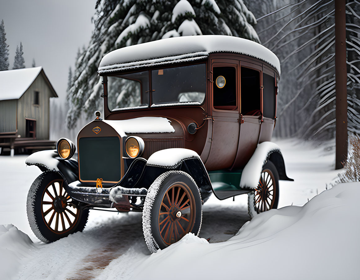 Snow-covered vintage car by wooden cabin in snowy forest.