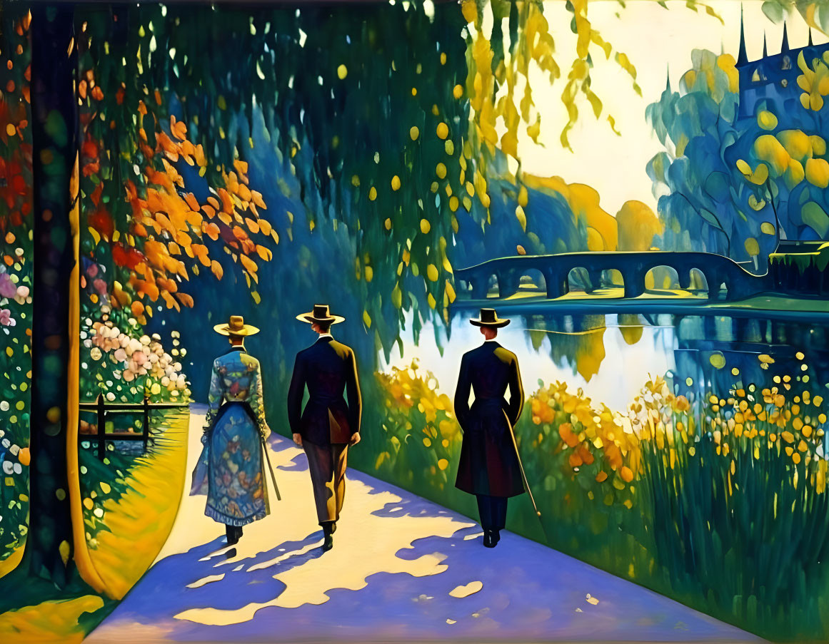 Vintage Attired Trio Walking by Lake with Colorful Trees in Impressionist Painting