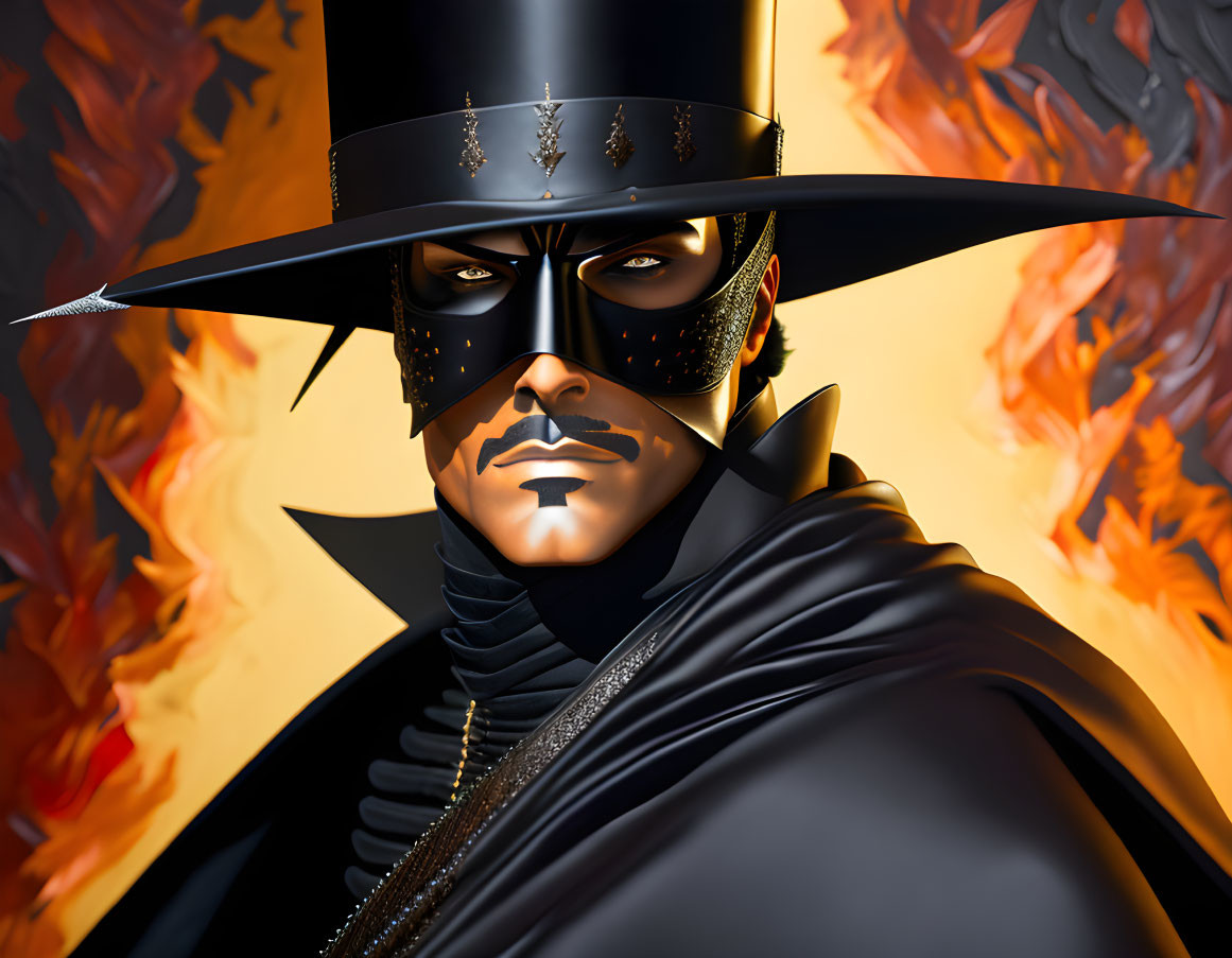 Stylized illustration of masked figure with hat in fiery backdrop