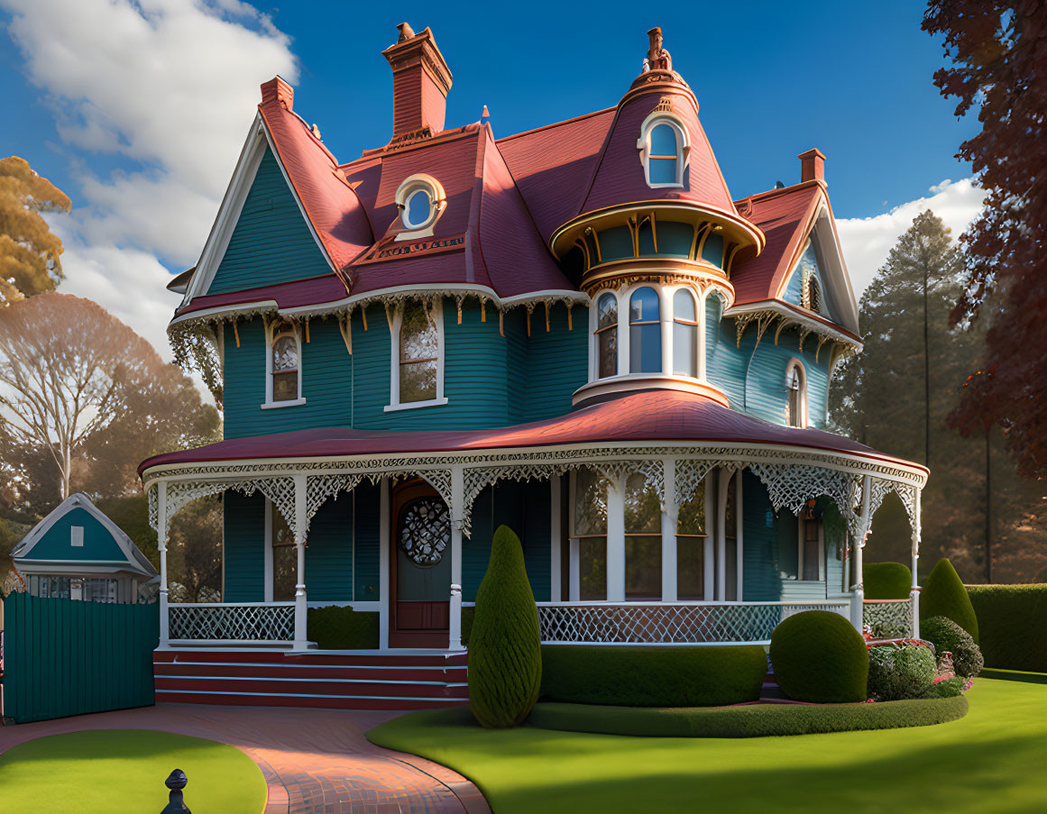 Victorian-style house with turquoise and pink colors, wrap-around porch, and topiary.