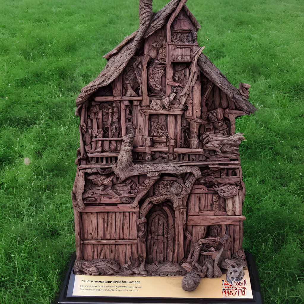 Detailed Wooden Treehouse Sculpture Displayed on Grass