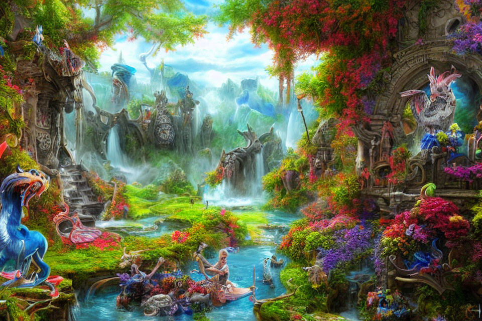 Fantasy landscape with waterfalls, mythical creatures, and harp player surrounded by small beings