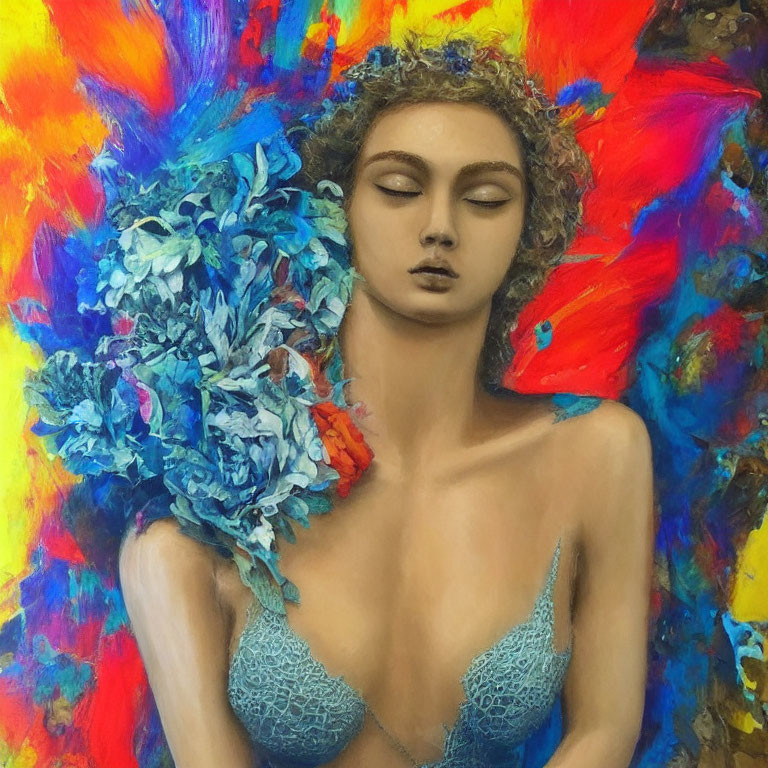 Woman with Closed Eyes and Blue Flowers on Shoulder in Vibrant Painting