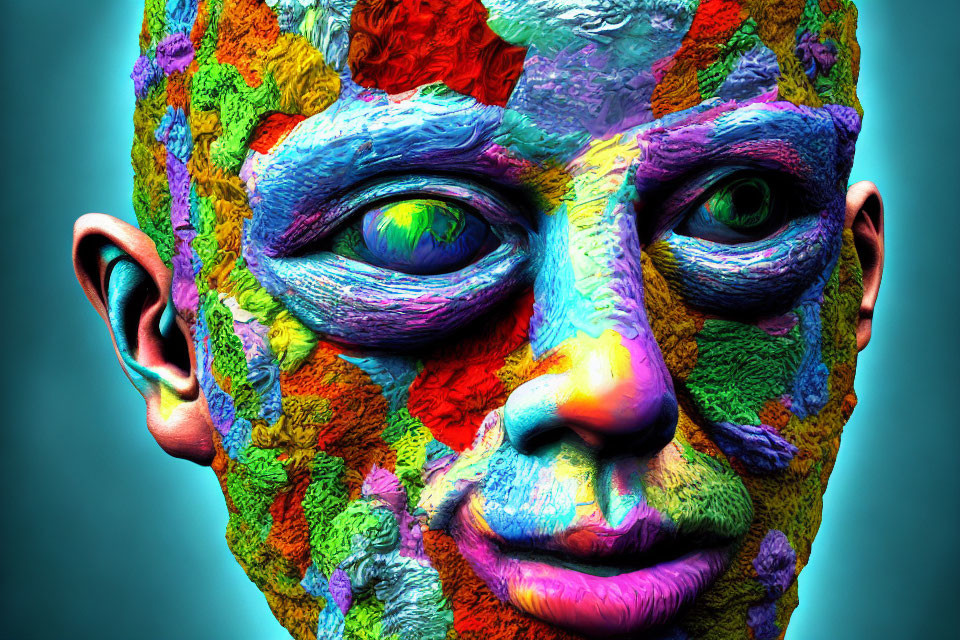 Colorful Textured Face with Green Eyes in Artistic Style