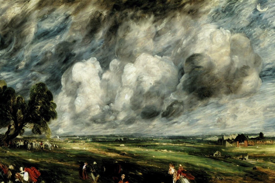 Classic Landscape Painting with Dramatic Cloud-Filled Skies