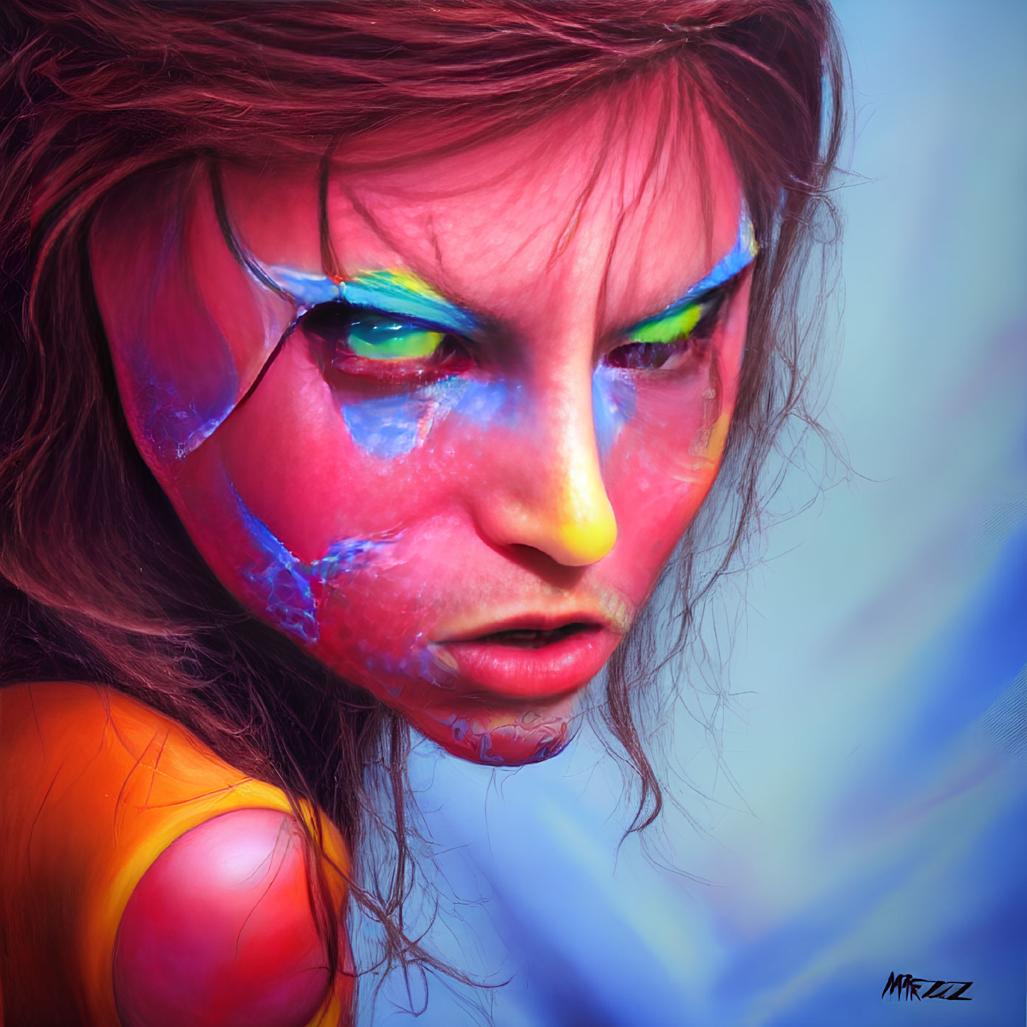 Vibrant digital portrait of a woman with colorful makeup and red hair