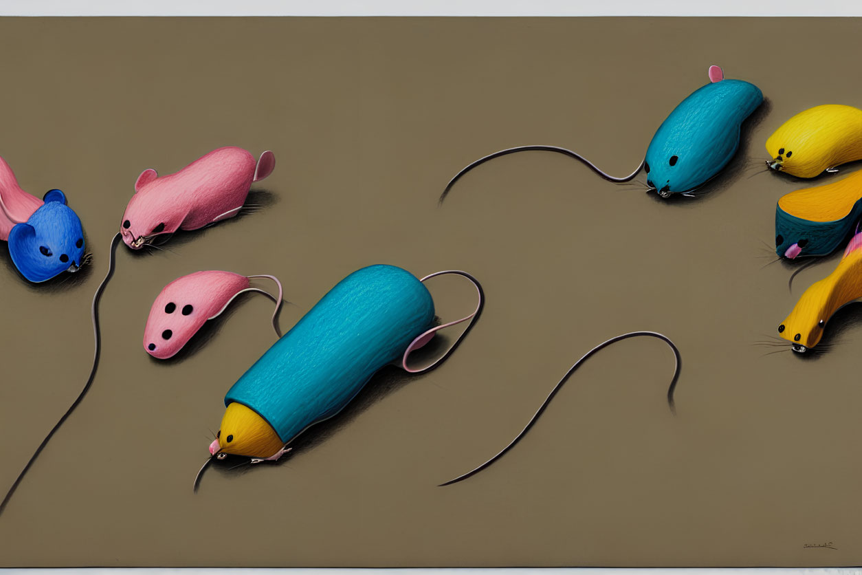 Vibrant stylized mice on plain brown background