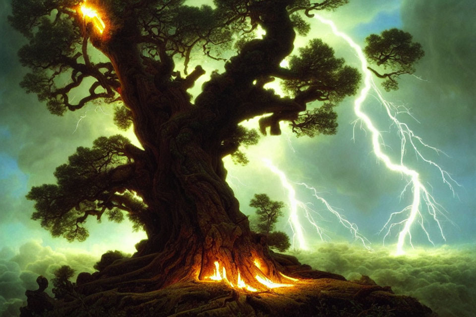 Ancient tree illuminated by lightning bolts and surrounded by clouds