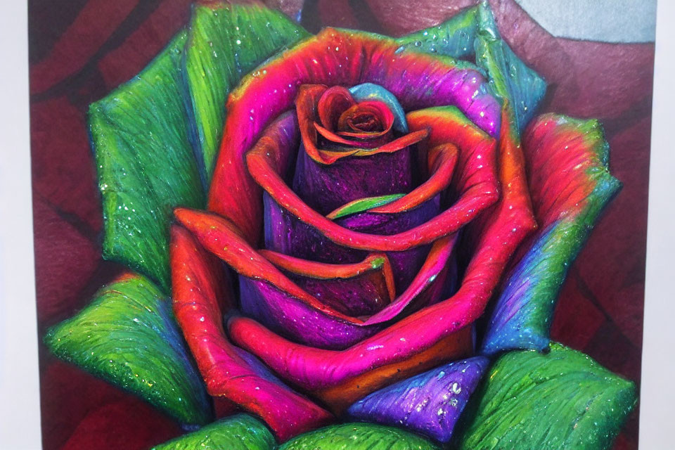 Colorful Rose Drawing with Red, Blue, Green, and Purple Hues