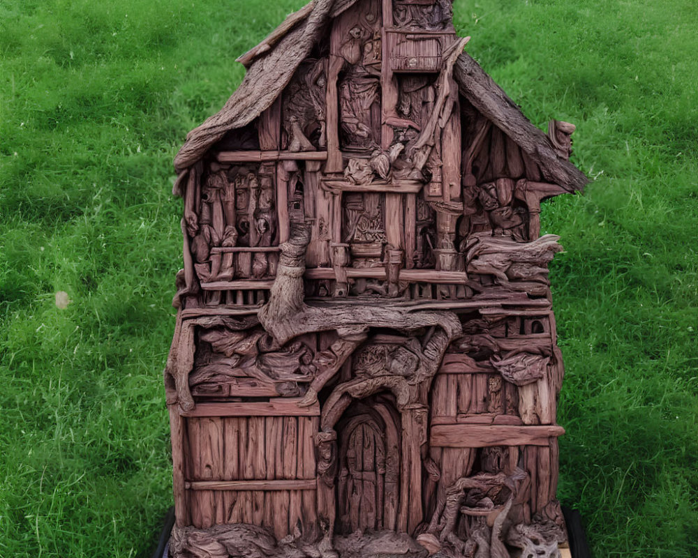 Detailed Wooden Treehouse Sculpture Displayed on Grass