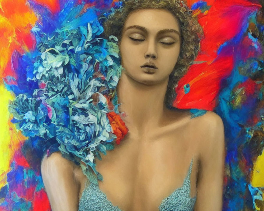 Woman with Closed Eyes and Blue Flowers on Shoulder in Vibrant Painting