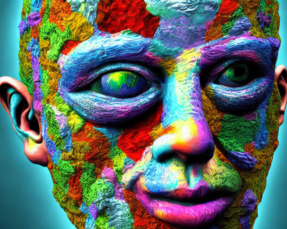 Colorful Textured Face with Green Eyes in Artistic Style