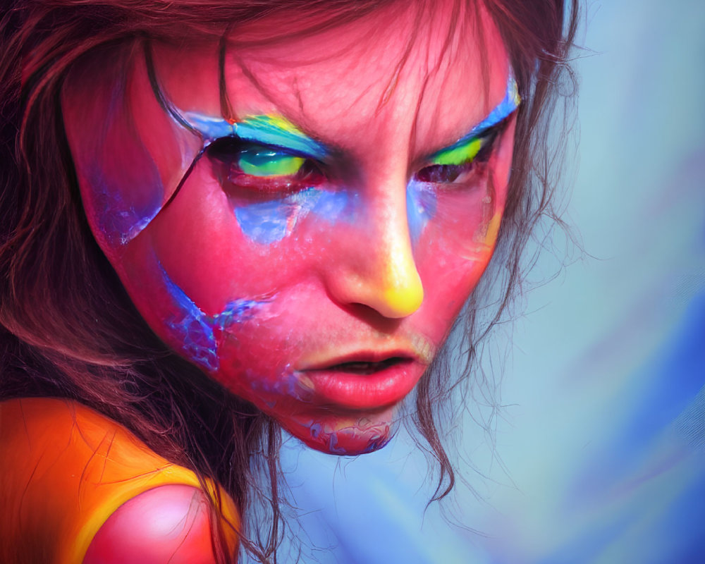 Vibrant digital portrait of a woman with colorful makeup and red hair