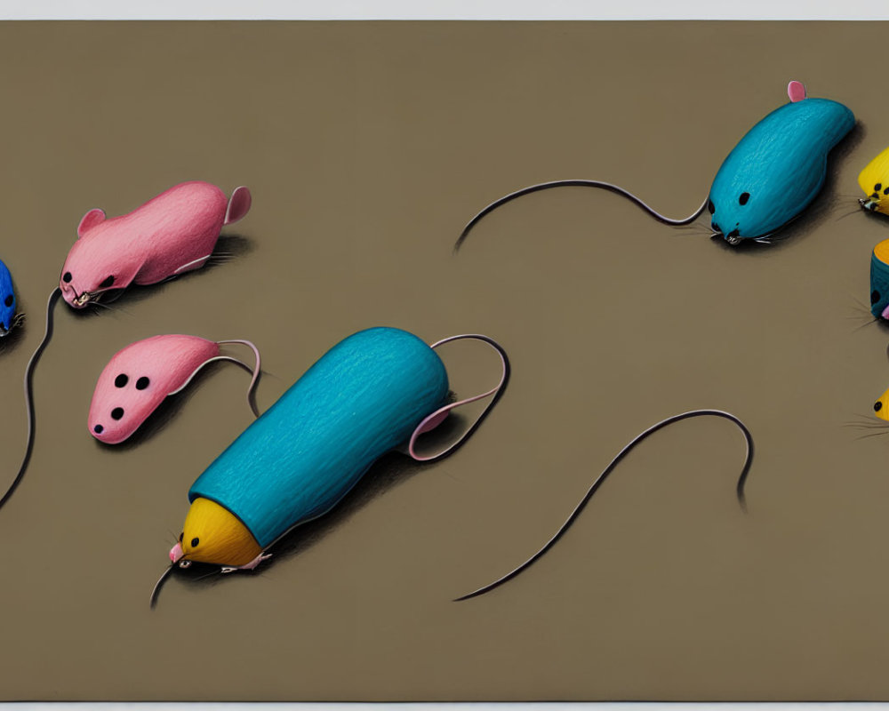 Vibrant stylized mice on plain brown background