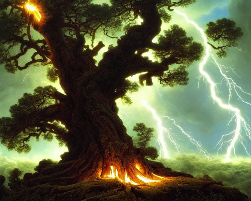 Ancient tree illuminated by lightning bolts and surrounded by clouds