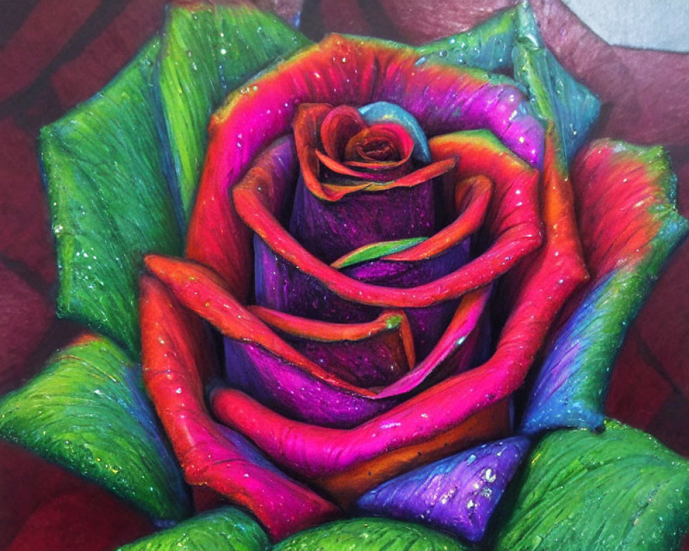 Colorful Rose Drawing with Red, Blue, Green, and Purple Hues