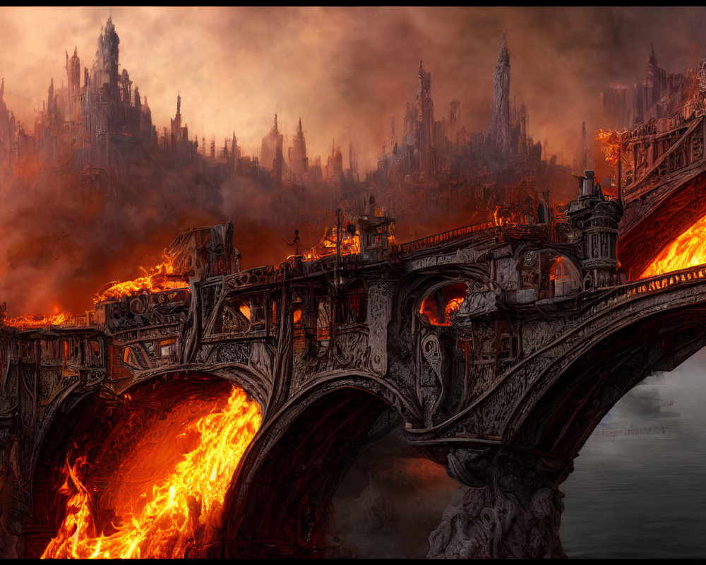 Fantastical landscape with lava river, stone bridge, and gothic city in flames