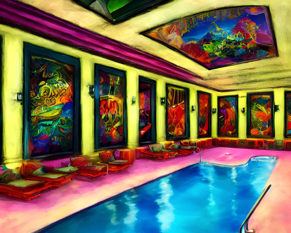 Colorful Indoor Pool Area with Eclectic Art and Plush Seating