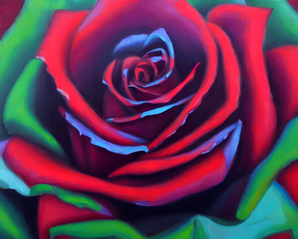 Detailed close-up painting of a red rose with rich colors and white highlights