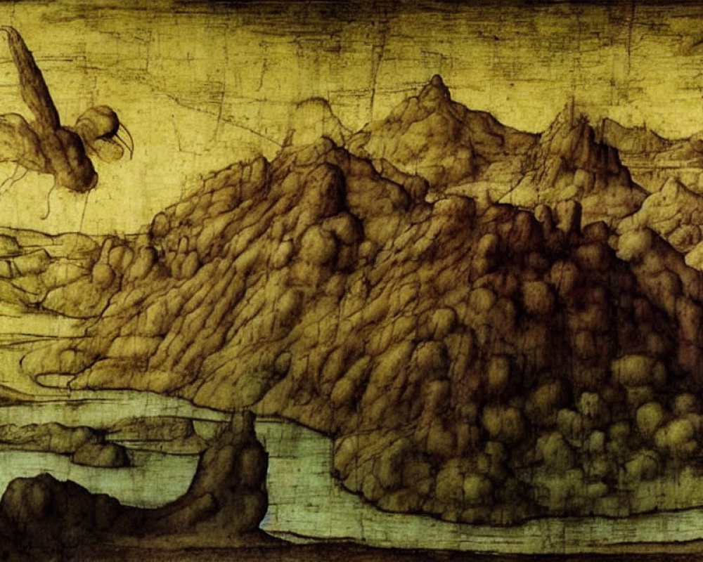 Sepia-Toned Sketch of Mountainous Landscape with Water and Bird