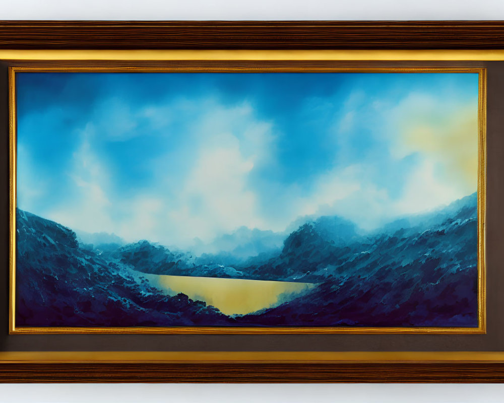 Framed landscape painting of misty blue mountains and calm lake