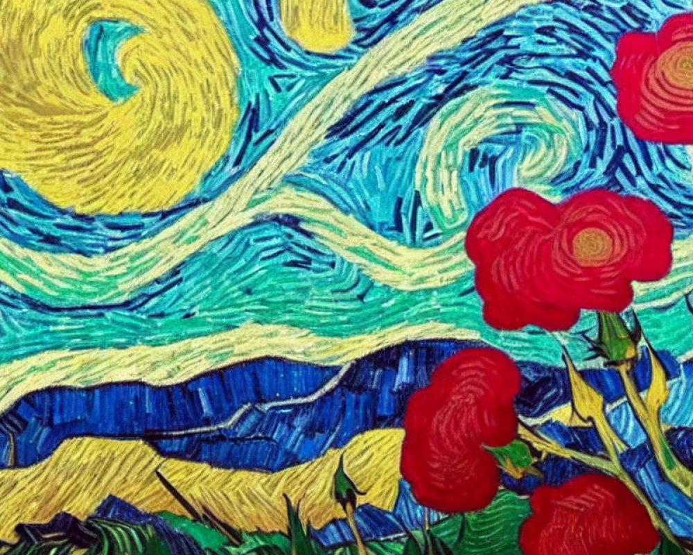 Colorful swirling sky, blue waves, red flowers - reminiscent of Starry Night.