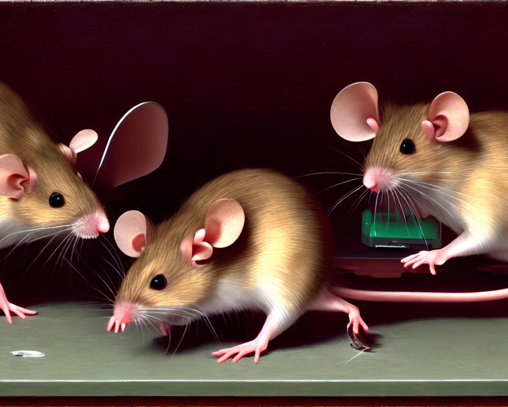 Realistic mice with large ears and long tails exploring small green device on wooden surface